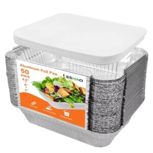 lsshao disposable takeout aluminum foil pans with lid baking pans (50 pack) tin food storage food containers with seal for freshness,great for cooking, heating, storing, prepping food 8.5x6-2.25lb