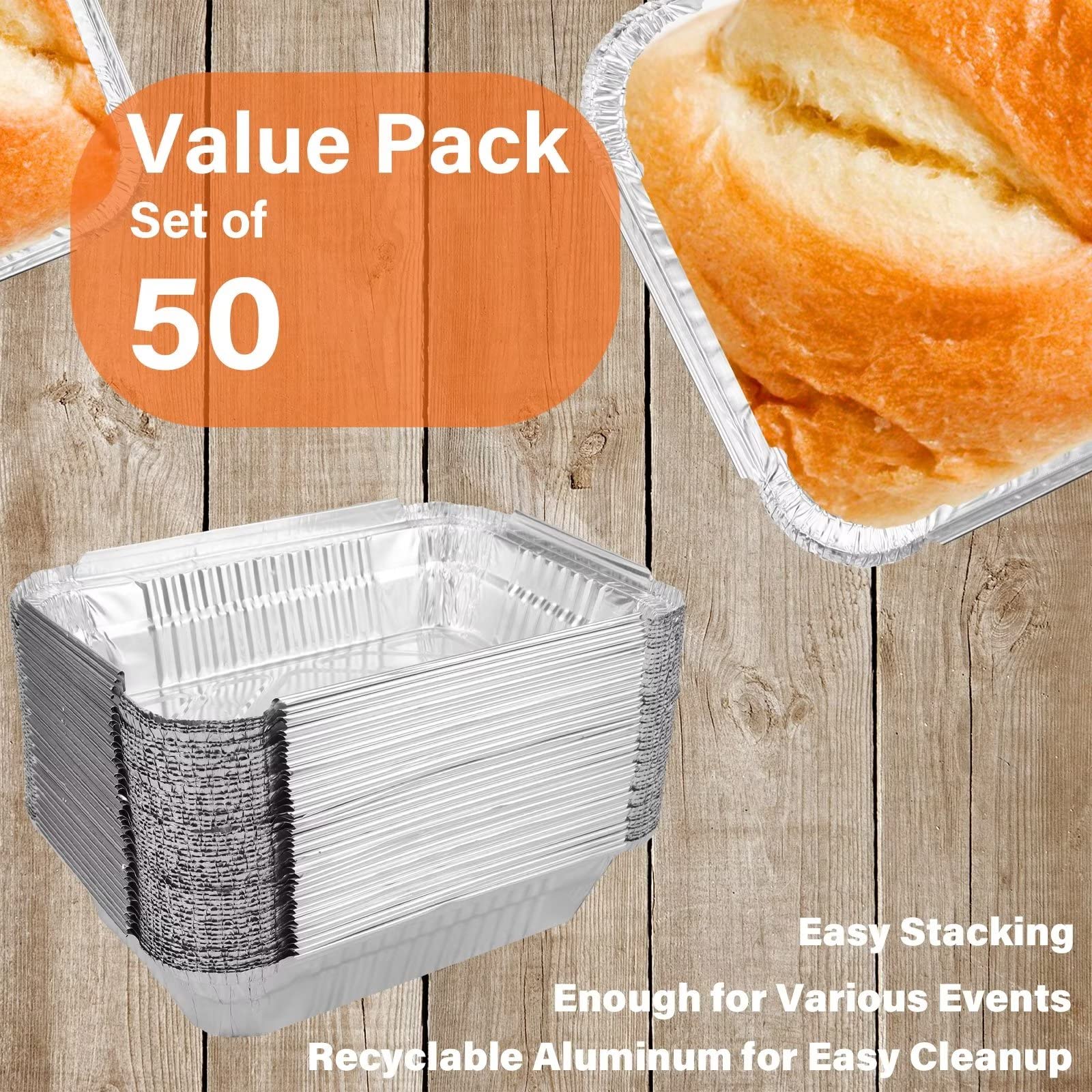 lsshao Disposable Takeout Aluminum Foil Pans with Lid Baking Pans (50 pack) Tin Food Storage Food Containers with Seal for Freshness,Great for Cooking, Heating, Storing, Prepping Food 8.5x6-2.25lb
