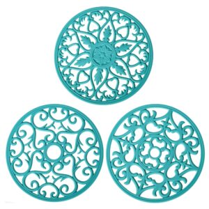 kalsreui teal trivets for hot dishes, silicone hot pads for kitchen, silicone trivets for hot pots and pans, countertop and tabletop trivet mat, multi use round silicone pot holders set of 3