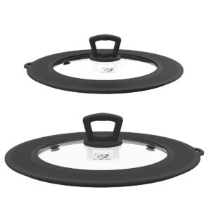 set of 2 vented tempered glass universal lid for pot pan skillet with heat resistant silicone microwave splatter cover microwave safe fit 6.5" 7" 7.5" and 9.5" 10" 10.5" 11", black