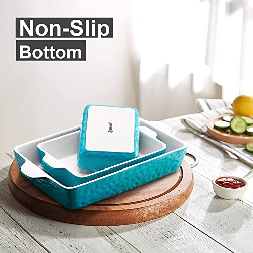 IPOW 3 Pack Casserole Dish Bakeware Set [Large&Deep], Ceramic Baking Dishes for Oven, to Table Plate Pan for Lasagna&Chicken Baking Cooking, Gift for wedding Party, Turquoise