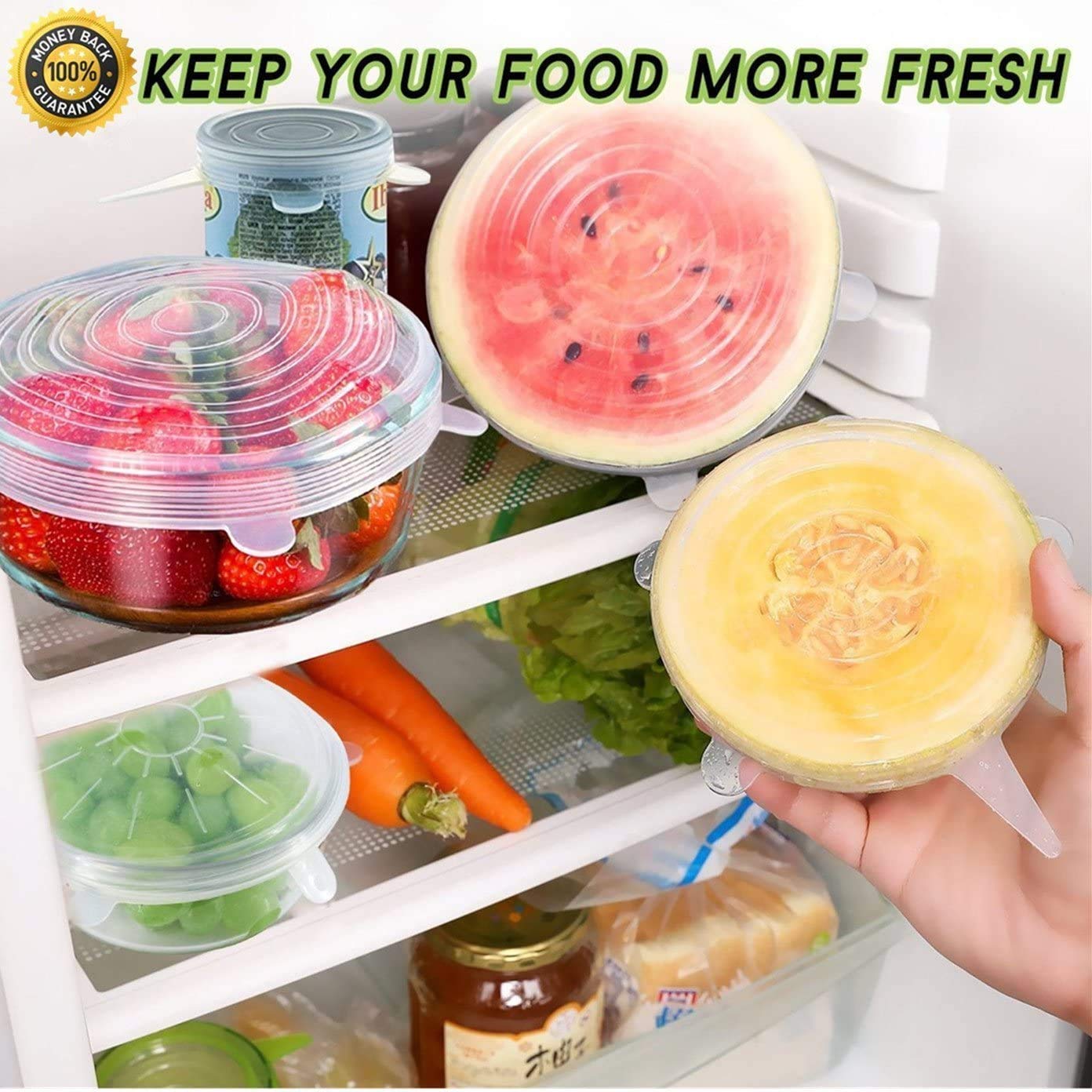 JIGUOOR Silicone Stretch Lids, 6 Pack Reusable Silicone Lids, Durable Food Storage Silicone Covers for Bowl, 6 Sizes to Meet Most Containers to Keep Food Fresh, Microwave Safe - Easy Clean