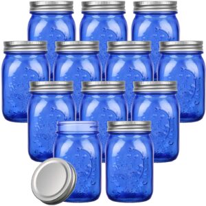 pinkunn 12 pcs mason jars with lids 16 oz regular mouth pint canning jars vintage glass jars bulk airtight multifunction mason jars for storage canning pickling preserving fermenting (dark blue)