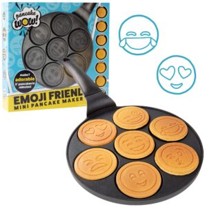 cucinapro emoji friends mini pancake pan, nonstick aluminum, 7 unique smiley face designs, easy to clean, perfect for kids' breakfast