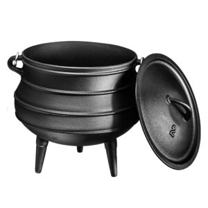 bruntmor pre-seasoned cast iron cauldron | african potjie pot with lid | 3 legs for even heat distribution - premium camping dutch oven cookware for over-the-fire cooking - 8 quarts (large)