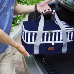 Double Insulated Casserole Carrier Bag - Casserole Dish Carrier, Hot & Cold Food Carry Bag Potluck Parties, Lasagna Holder Tote for Picnics,Beaches,Traveling or Gifts, Fits 9”x13” Baking Dish (Blue)