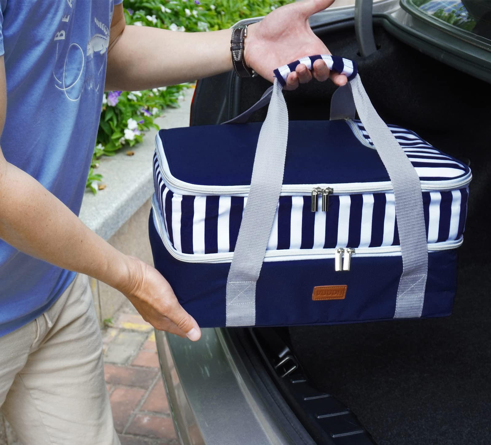 Double Insulated Casserole Carrier Bag - Casserole Dish Carrier, Hot & Cold Food Carry Bag Potluck Parties, Lasagna Holder Tote for Picnics,Beaches,Traveling or Gifts, Fits 9”x13” Baking Dish (Blue)