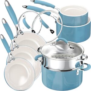 induction pots and pans set, cookware set with silicone grip, non-stick ceramic coating, frying pan, skillet, stock pot, sauce pan, stainless steel steamer (10 piece turquoise/creamy)