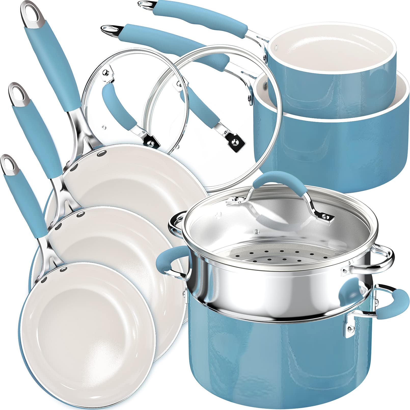 Induction Pots and Pans Set, Cookware Set with Silicone Grip, Non-Stick Ceramic Coating, Frying Pan, Skillet, Stock Pot, Sauce Pan, Stainless Steel Steamer (10 Piece Turquoise/Creamy)