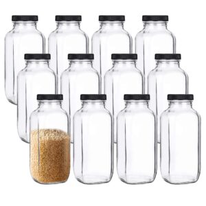 yarlung 12 pack 17oz french glass spices jars with plastic lids, clear square water juice bottles for storing herbs, condiments, cereals, milk, beverages, kitchen, pantry, office