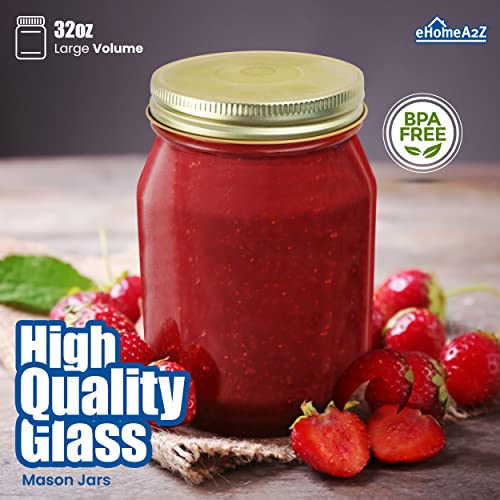 EHOMEA2Z Mason Jars 32 Oz With Lids Regular Mouth (12 Pack) Preserving Spices,Storage,Meal Prep, Overnight Oats,Dry Food,Salads,Drinking