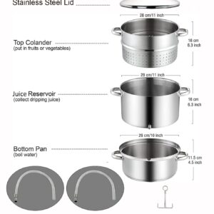 Cook N Home Basics Canning Juice Steamer Extractor With water/cooking pan, juice pan, strainer/loading pan, lid, and hose with clamp , 11-Quart, Mirror Satin, Stainless Steel