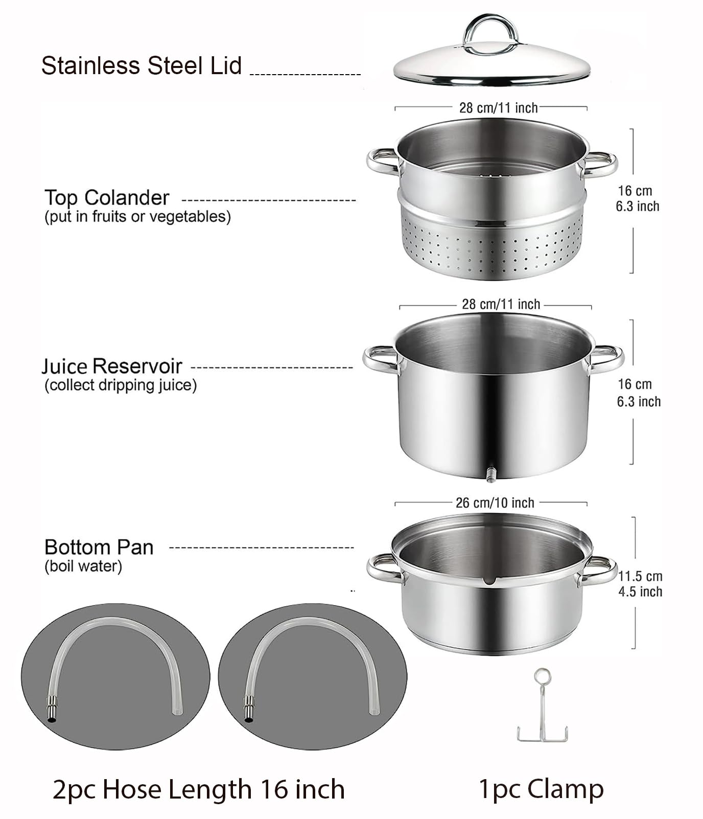 Cook N Home Basics Canning Juice Steamer Extractor With water/cooking pan, juice pan, strainer/loading pan, lid, and hose with clamp , 11-Quart, Mirror Satin, Stainless Steel