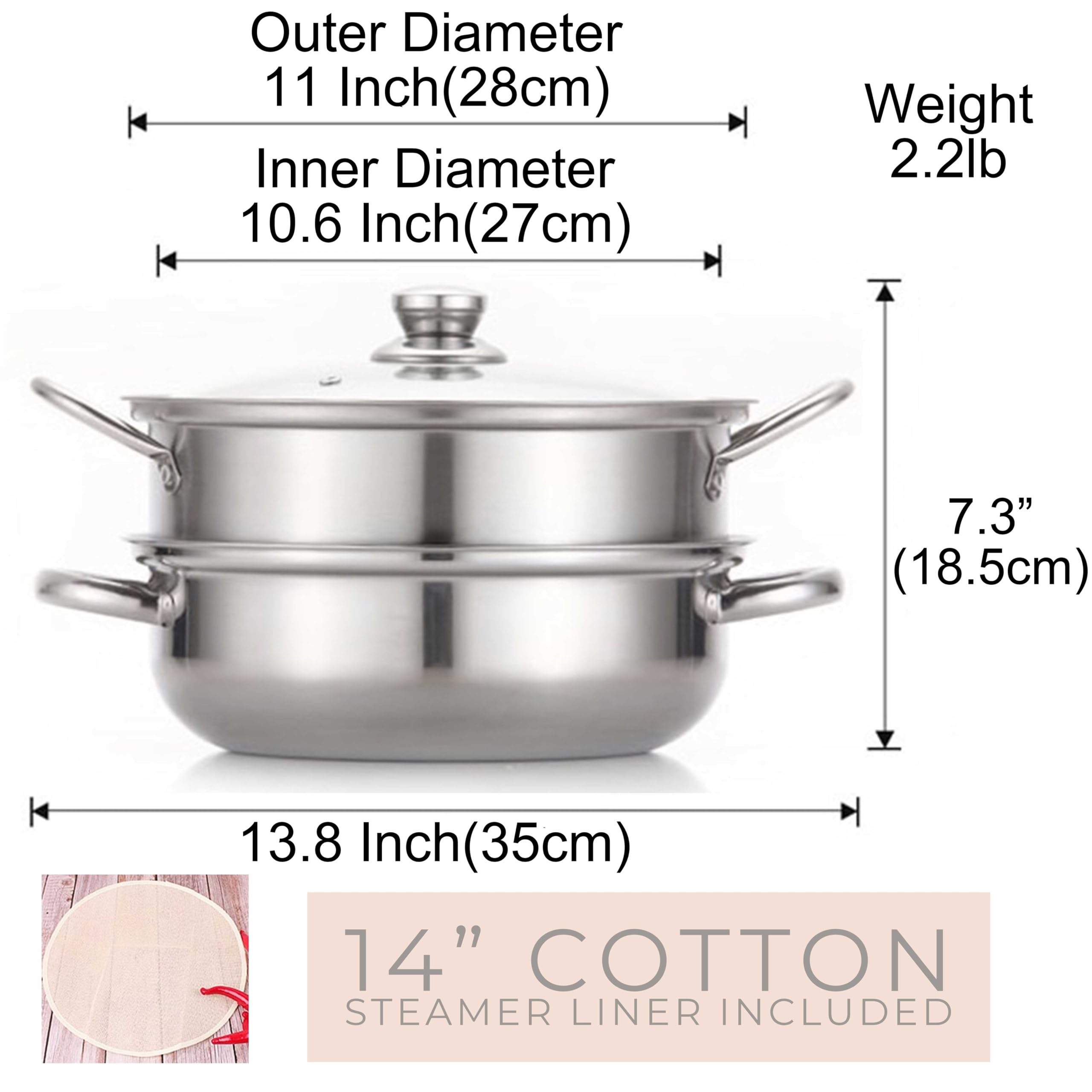 Jovely Dio Bacco 10.6"(27cm) Stainless Steel Steamer Pot Set for Cooking with 14"(35cm) Reusable Natural Pure Round Cotton Steamer Liner, 2 Quart Steamer Insert and Glass Vented Lid - 3 Piece Pack