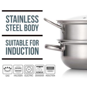 Jovely Dio Bacco 10.6"(27cm) Stainless Steel Steamer Pot Set for Cooking with 14"(35cm) Reusable Natural Pure Round Cotton Steamer Liner, 2 Quart Steamer Insert and Glass Vented Lid - 3 Piece Pack