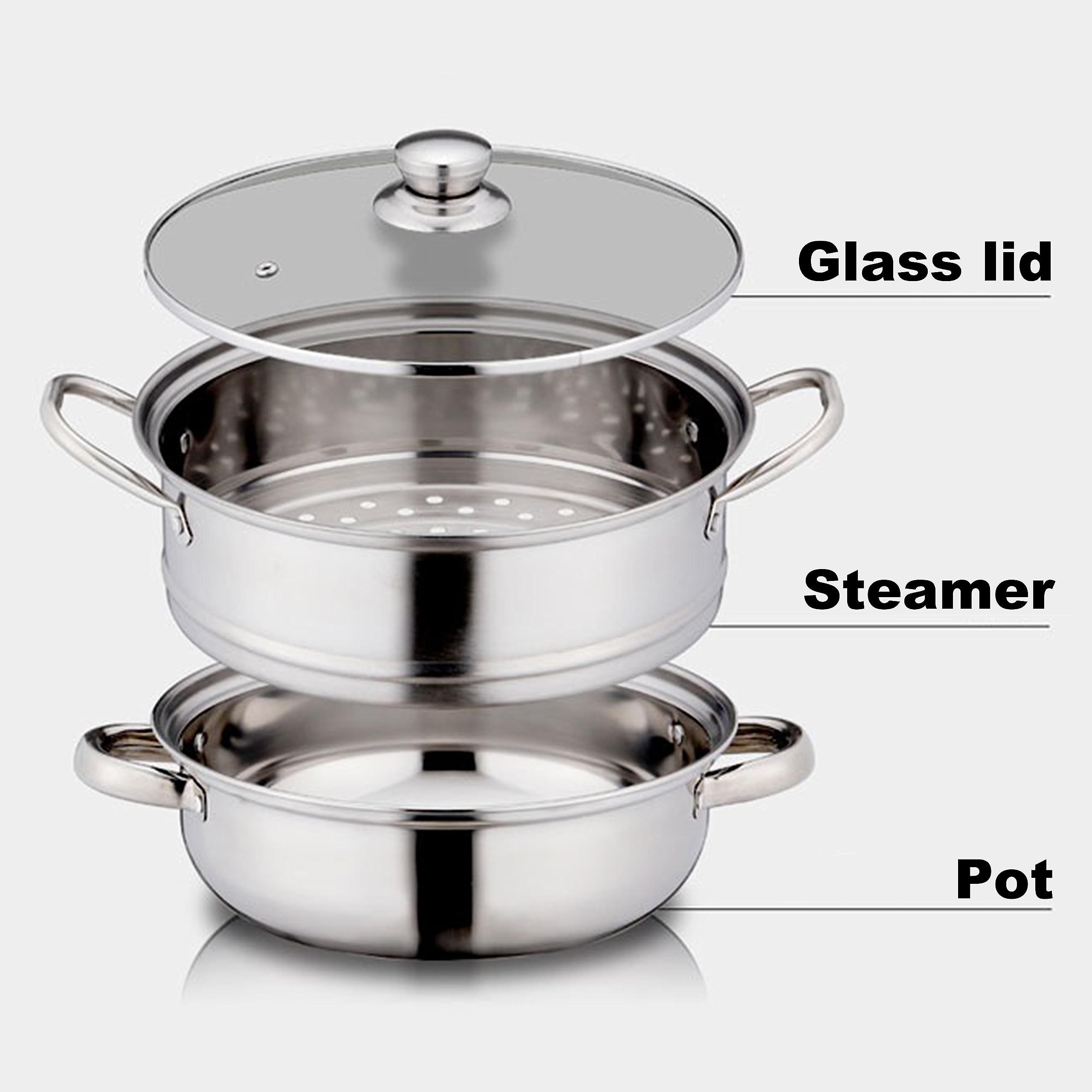 Jovely Dio Bacco 10.6"(27cm) Stainless Steel Steamer Pot Set for Cooking with 14"(35cm) Reusable Natural Pure Round Cotton Steamer Liner, 2 Quart Steamer Insert and Glass Vented Lid - 3 Piece Pack
