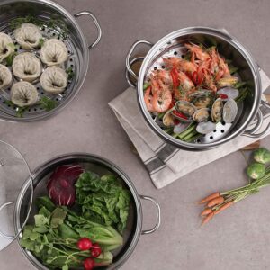Jovely Dio Bacco 10.6"(27cm) Stainless Steel Steamer Pot Set for Cooking with 14"(35cm) Reusable Natural Pure Round Cotton Steamer Liner, 2 Quart Steamer Insert and Glass Vented Lid - 3 Piece Pack