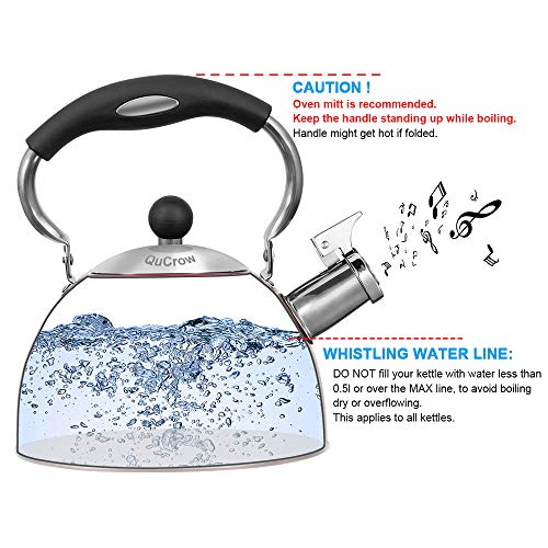 QuCrow Whistling Tea Kettle with Heat-Proof Handle, Kitchen Grade Stainless Steel Teapot Stovetops, 3 Quart, Silver