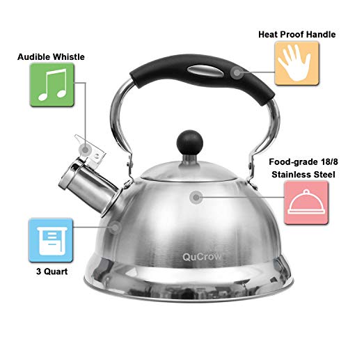 QuCrow Whistling Tea Kettle with Heat-Proof Handle, Kitchen Grade Stainless Steel Teapot Stovetops, 3 Quart, Silver