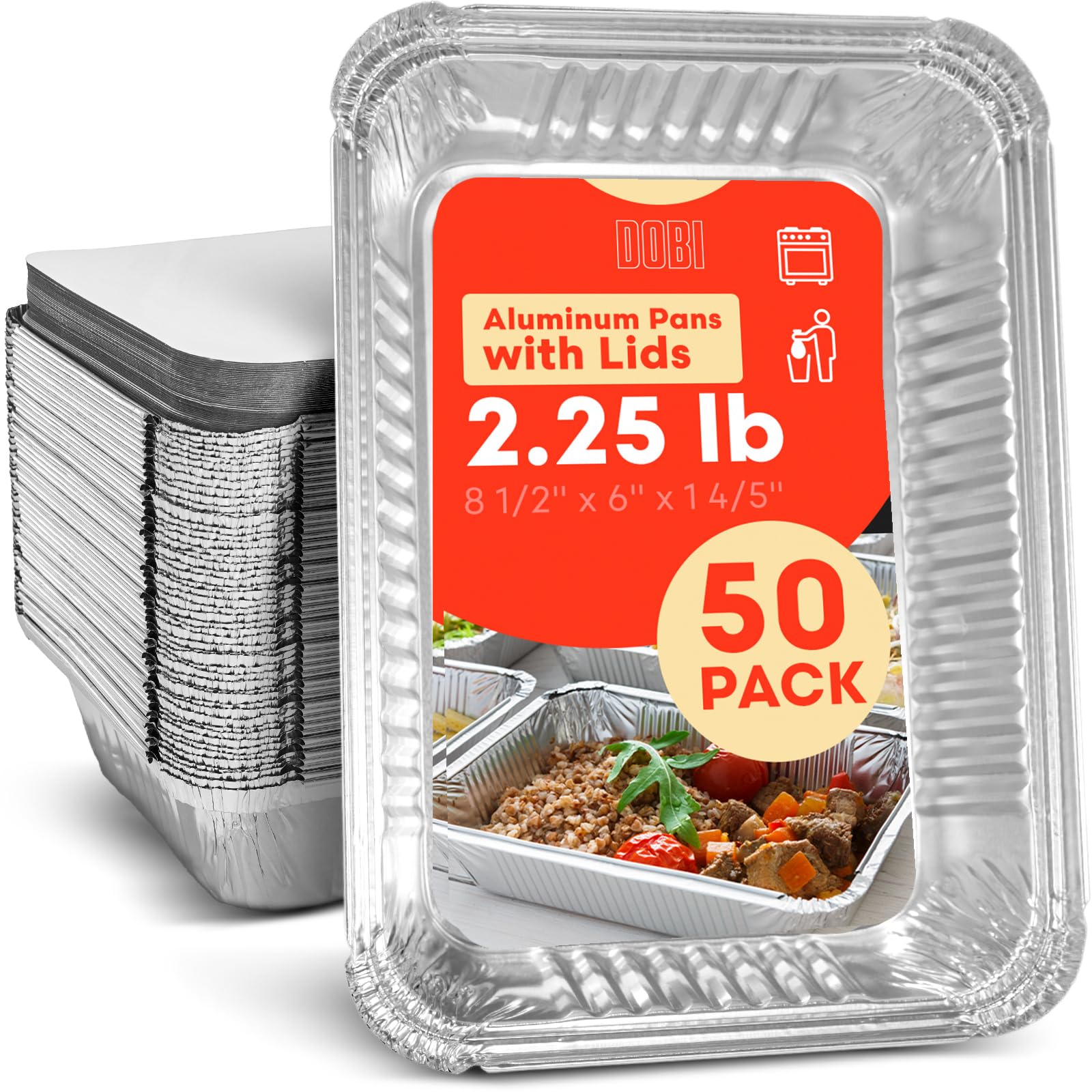 DOBI (50 Pack Small Takeout Pans - Disposable Aluminum Foil 1lb Take-Out Containers with Cardboard Lids, 5 1/2" x 4 1/2"