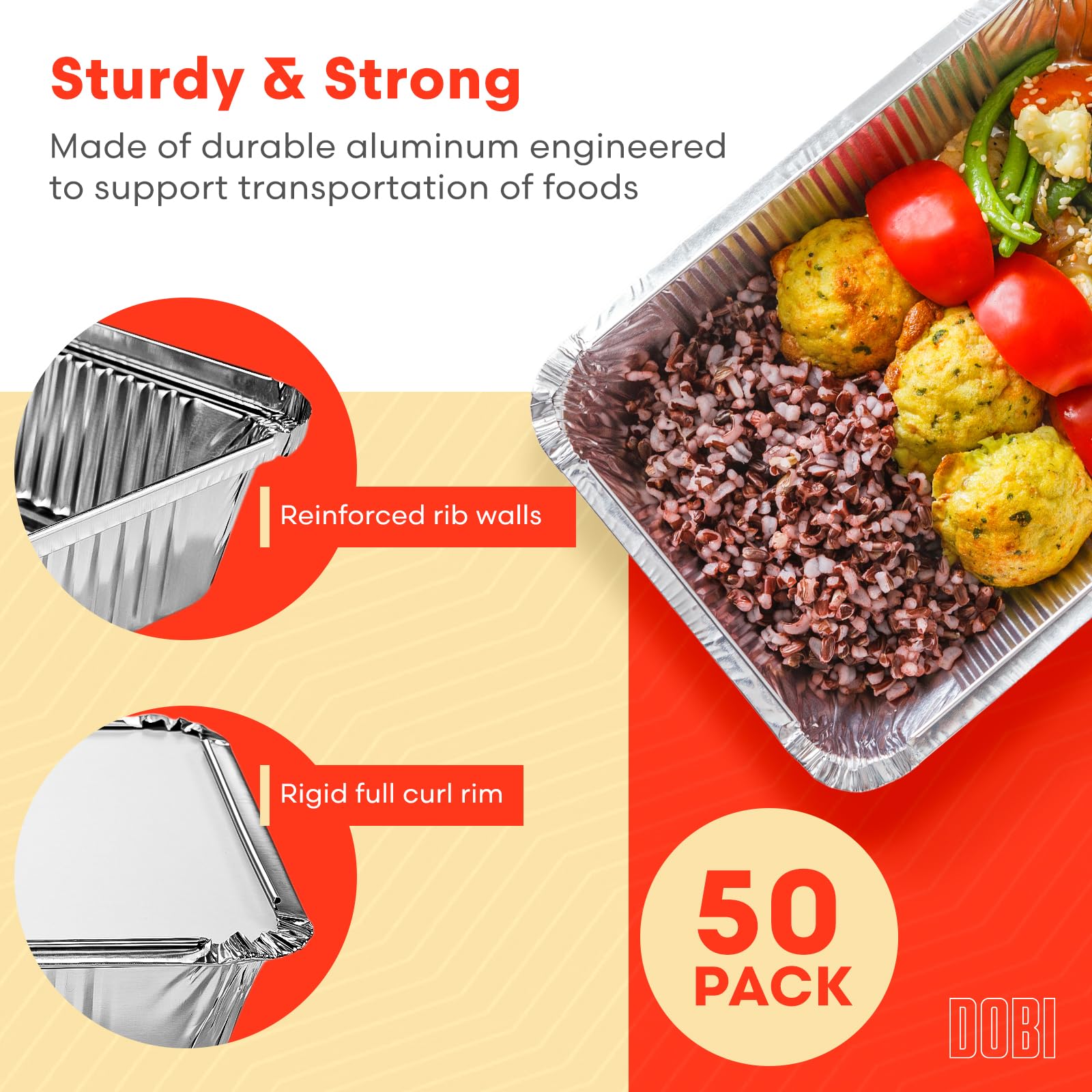 DOBI (50 Pack Small Takeout Pans - Disposable Aluminum Foil 1lb Take-Out Containers with Cardboard Lids, 5 1/2" x 4 1/2"