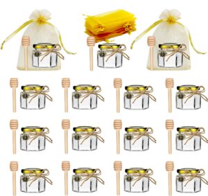 mini hexagonal honey jars - 2 oz 15 pack little glass honey jar - glass honey jars with wooden dippers, bee charms, jutes and gold gift bags - honey jars for baby shower, wedding party favors