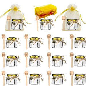 Mini Hexagonal Honey Jars - 2 oz 15 Pack Little Glass Honey Jar - Glass Honey Jars with Wooden Dippers, Bee Charms, Jutes and Gold Gift Bags - Honey Jars for Baby Shower, Wedding Party Favors