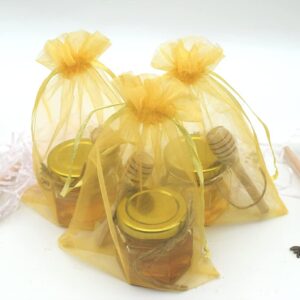 Mini Hexagonal Honey Jars - 2 oz 15 Pack Little Glass Honey Jar - Glass Honey Jars with Wooden Dippers, Bee Charms, Jutes and Gold Gift Bags - Honey Jars for Baby Shower, Wedding Party Favors