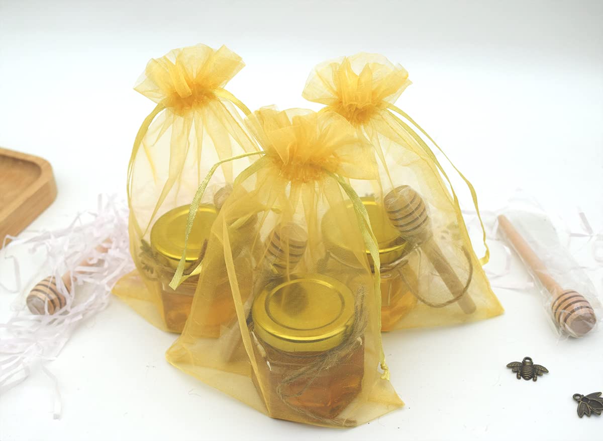 Mini Hexagonal Honey Jars - 2 oz 15 Pack Little Glass Honey Jar - Glass Honey Jars with Wooden Dippers, Bee Charms, Jutes and Gold Gift Bags - Honey Jars for Baby Shower, Wedding Party Favors