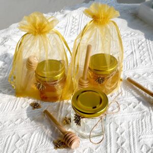 Mini Hexagonal Honey Jars - 2 oz 15 Pack Little Glass Honey Jar - Glass Honey Jars with Wooden Dippers, Bee Charms, Jutes and Gold Gift Bags - Honey Jars for Baby Shower, Wedding Party Favors