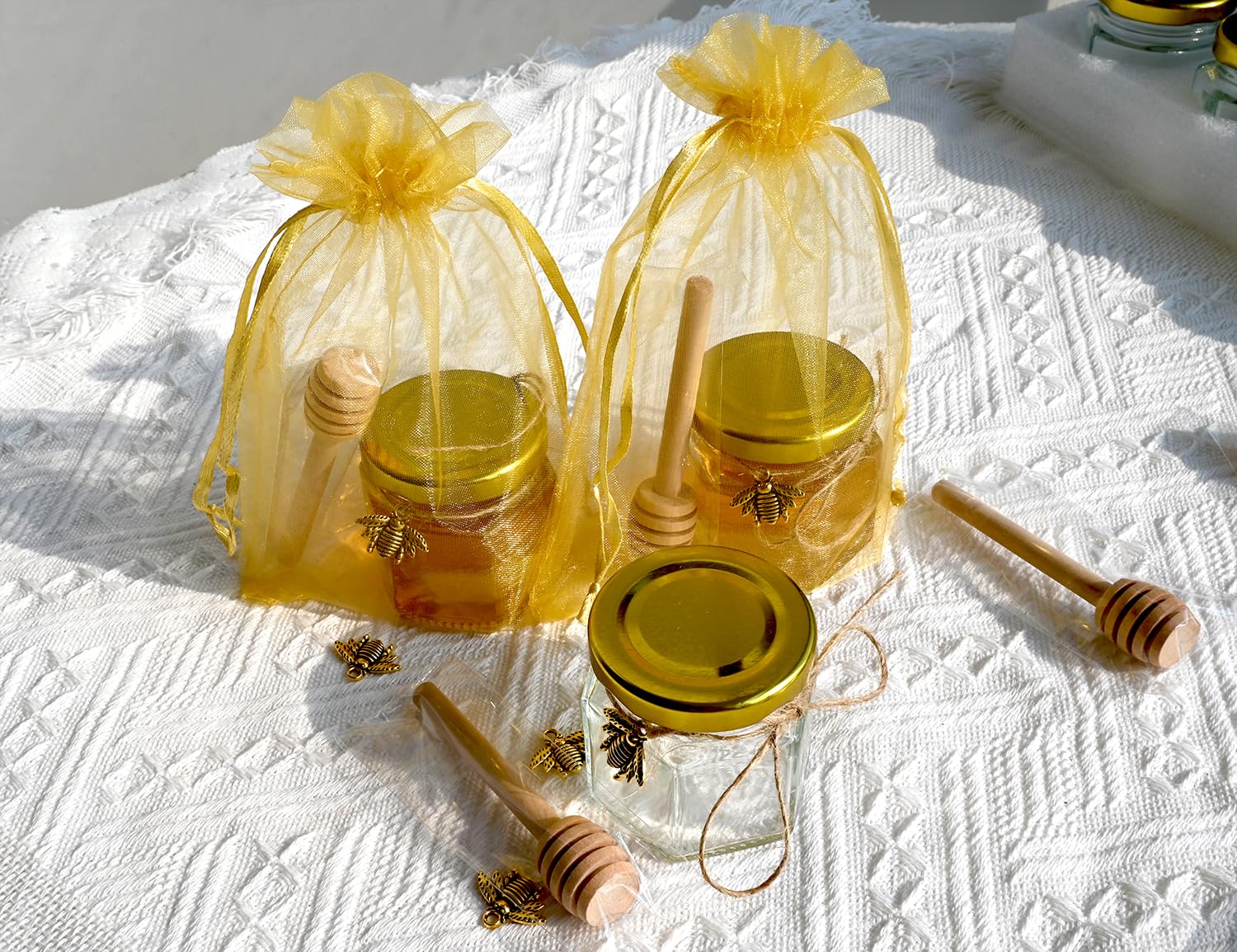 Mini Hexagonal Honey Jars - 2 oz 15 Pack Little Glass Honey Jar - Glass Honey Jars with Wooden Dippers, Bee Charms, Jutes and Gold Gift Bags - Honey Jars for Baby Shower, Wedding Party Favors