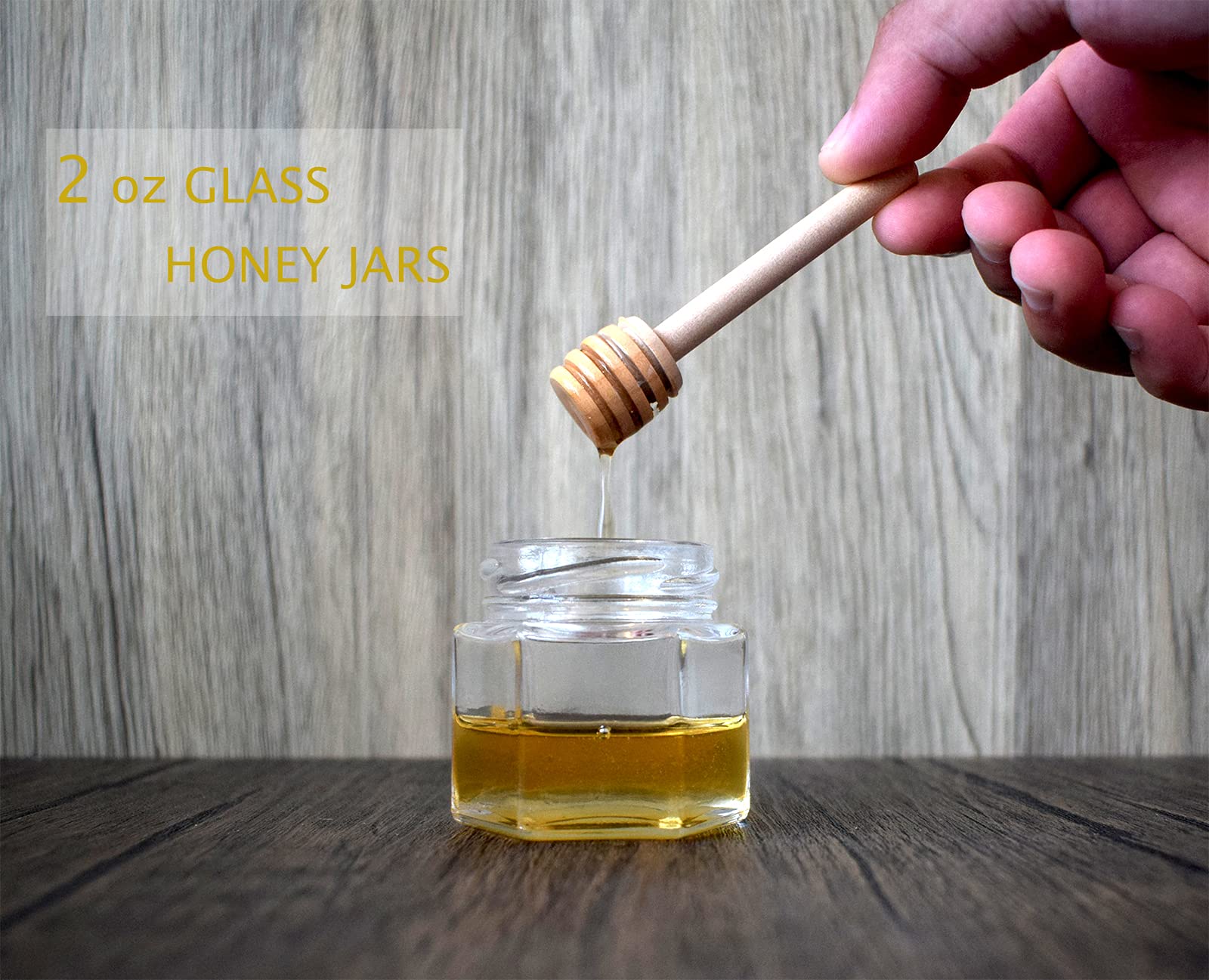 Mini Hexagonal Honey Jars - 2 oz 15 Pack Little Glass Honey Jar - Glass Honey Jars with Wooden Dippers, Bee Charms, Jutes and Gold Gift Bags - Honey Jars for Baby Shower, Wedding Party Favors