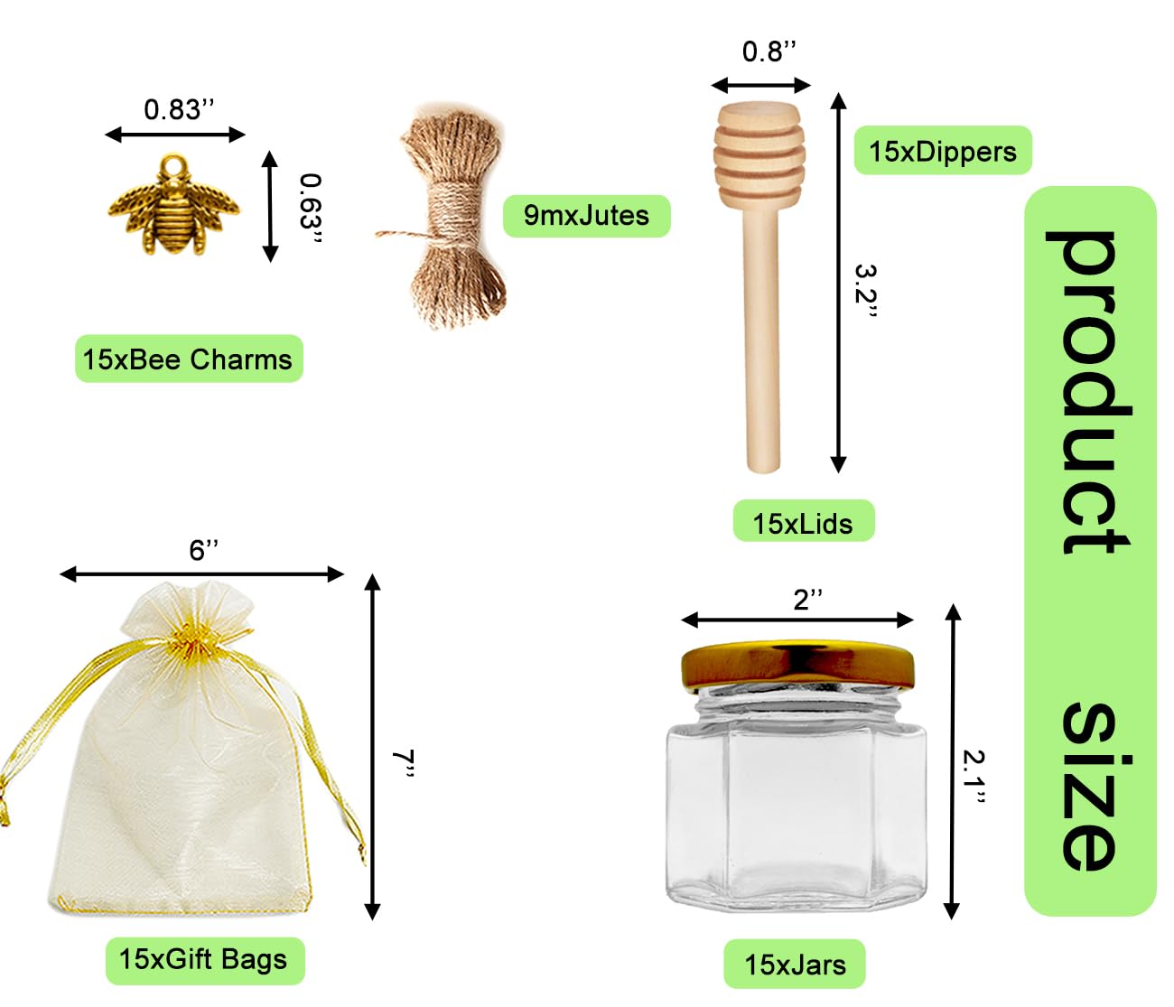 Mini Hexagonal Honey Jars - 2 oz 15 Pack Little Glass Honey Jar - Glass Honey Jars with Wooden Dippers, Bee Charms, Jutes and Gold Gift Bags - Honey Jars for Baby Shower, Wedding Party Favors