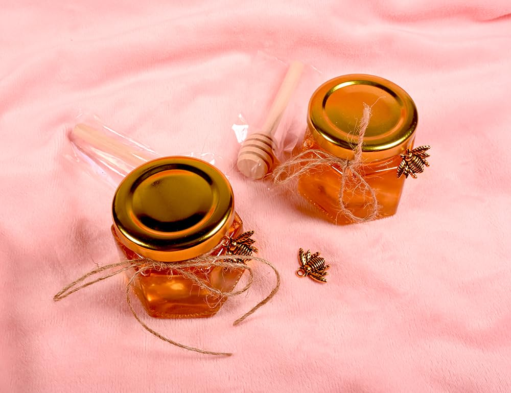 Mini Hexagonal Honey Jars - 2 oz 15 Pack Little Glass Honey Jar - Glass Honey Jars with Wooden Dippers, Bee Charms, Jutes and Gold Gift Bags - Honey Jars for Baby Shower, Wedding Party Favors