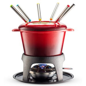 klee 12-piece cast iron fondue set with red fondue pot, 6 fondue forks, fondue burner and fondue pot base, 44 oz