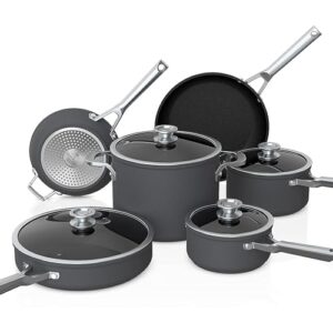 ninja neverstick premium 10 piece pots & frying pans set, with glass lids, nesting, hard anodized, kitchen cookware sets nonstick, durable & oven safe to 500°f, slate grey, c59500