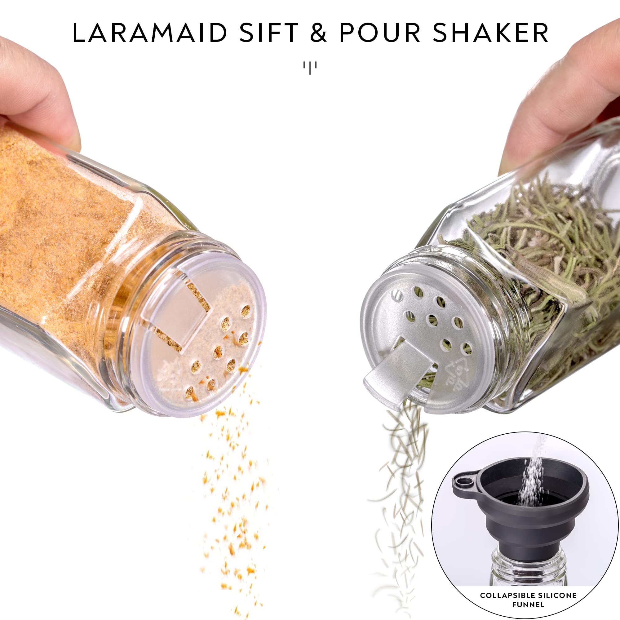 Laramaid 4oz 24Pack Spice Jars with 455 White Vinyl Spice Labels, Shaker Lids Dispenser with Airtight Silver Metal Caps, Cleaning Brush and Collapsible Silicone Funnel Complete Set