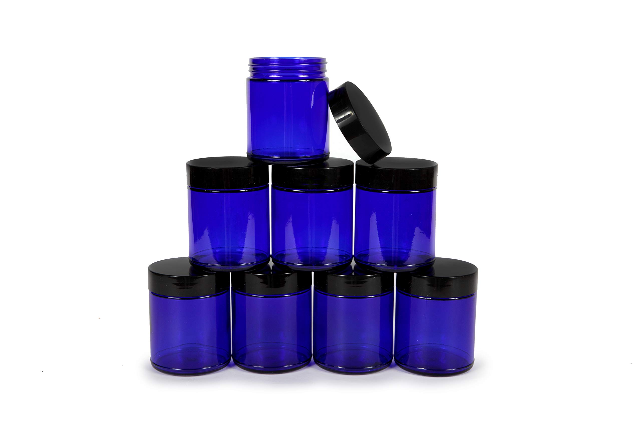 Vivaplex, Cobalt Blue, 8 ounce, Round Glass Jars, with Black Lids - 8 pack