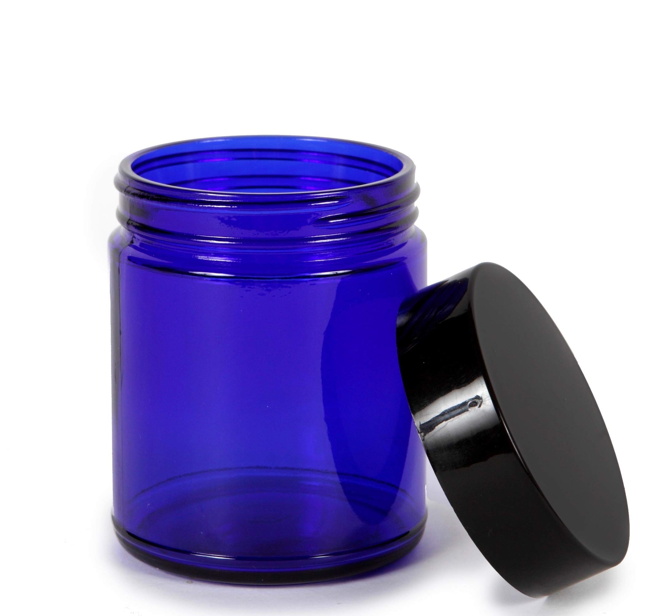 Vivaplex, Cobalt Blue, 8 ounce, Round Glass Jars, with Black Lids - 8 pack