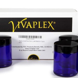 Vivaplex, Cobalt Blue, 8 ounce, Round Glass Jars, with Black Lids - 8 pack