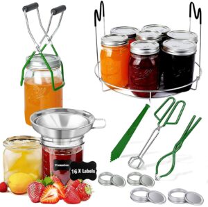 canning kit,11pcs canning supplies starter kit include stainless steel steam rack,canning funnel, jar lifter, jar wrench, lid lifter, canning tongs, bubble remover tool for mason jars canning pot