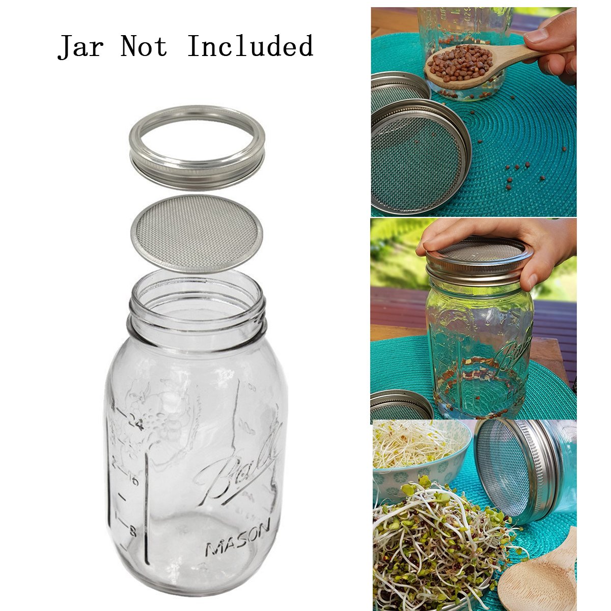 4 Pack Stainless Steel Sprouting Jar Strainer Lids - Regular Mouth Mason Jar Screen Sprouting Kit Lids - for Growing Bean, Broccoli, Alfalfa, Salad Sprouts and More