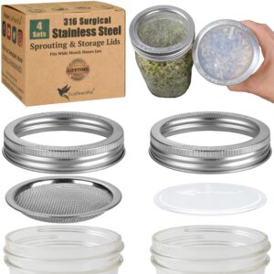 4 pack (4 rings, 4 screens, 4 inserts) mason jar sprouting lids - 316 surgical stainless steel sprouting lids for wide mouth mason jars- curved strainer lids, silicone inserts - rust-proof, bpa-free