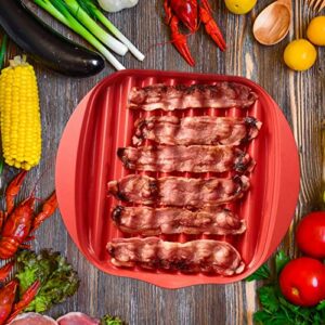 newkaijian Microwave Bacon Tray with Splatter Lid, Safety, Quick and with No Mess, Microwave Bacon Cooker Make Crispy Bacon in few Minutes（red）