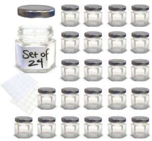 1.5 oz hexagon mini glass jars with silver lids and labels (pack of 24)
