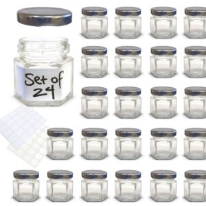 1.5 oz Hexagon Mini Glass Jars with Silver Lids and Labels (Pack of 24)