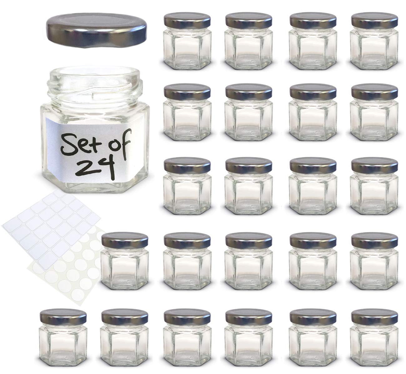 1.5 oz Hexagon Mini Glass Jars with Silver Lids and Labels (Pack of 24)