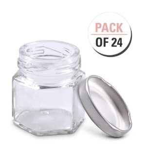 1.5 oz Hexagon Mini Glass Jars with Silver Lids and Labels (Pack of 24)