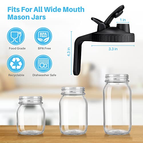 Wide Mouth Mason Jar Lids with Handle, Plastic Mason Jar Pour Spout Lid, Reusable Flip Cap Lid, Canning Lids with Leak-proof Airtight Seal Black (Jar Not Included)