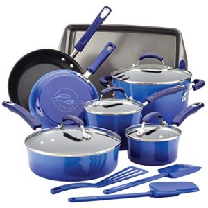 rachael ray brights nonstick cookware pots and pans set, 14 piece, blue gradient